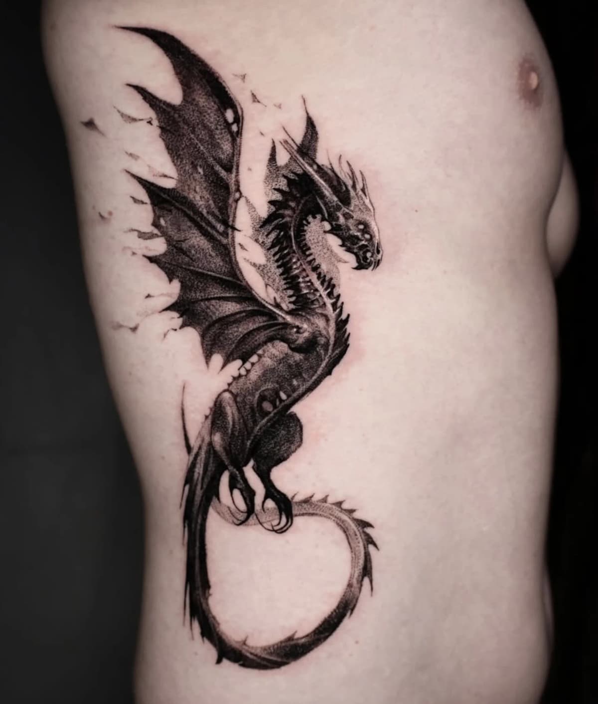 Dragon with tattered wings on ribcage